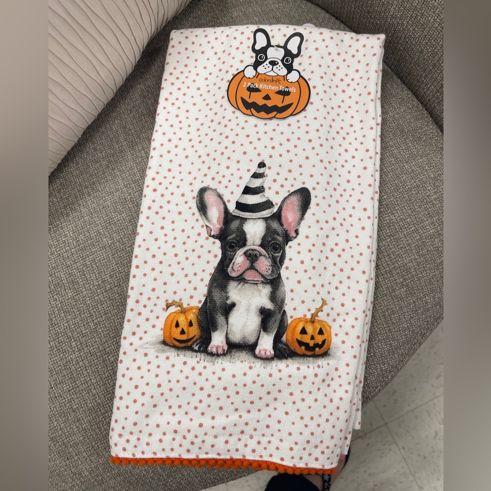 Halloween Frenchie French Bulldog Pumpkin 2 pack Kitchen Towels w/Trim NWT